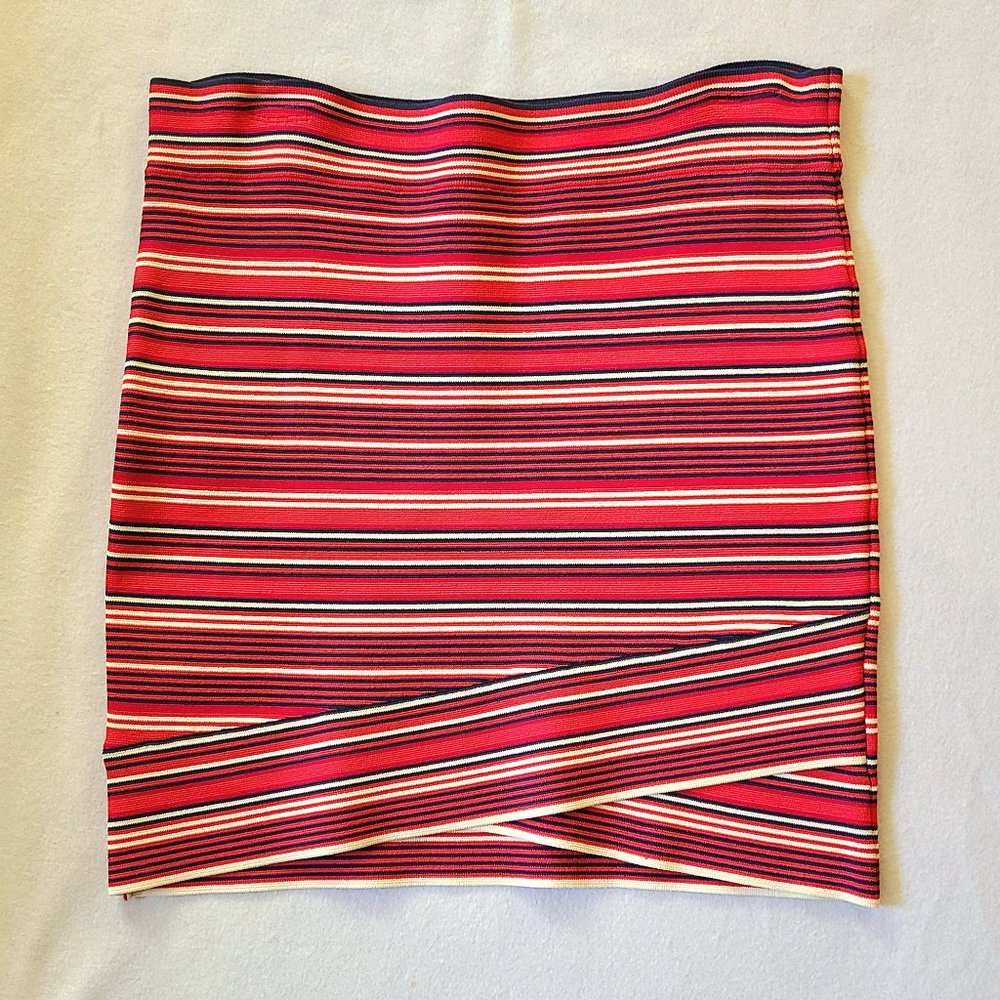 BCBG Max Azria Pink Navy White Striped Tulip Hem Bandage Mini Skirt